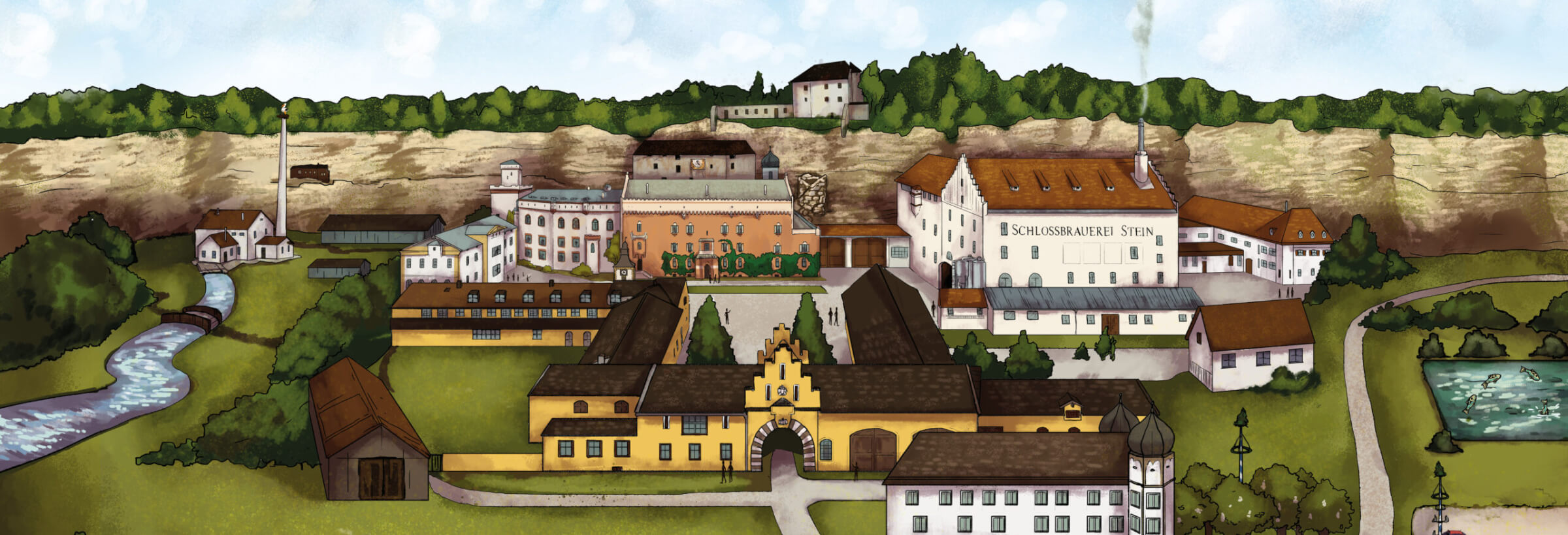 Schlossbrauerei Stein - Brauereigelände handgezeichnete Illustration - Murner Wagner Werbeagentur